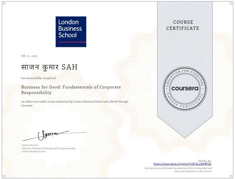 London Business School Business for Good Certificate - Sajan Sah