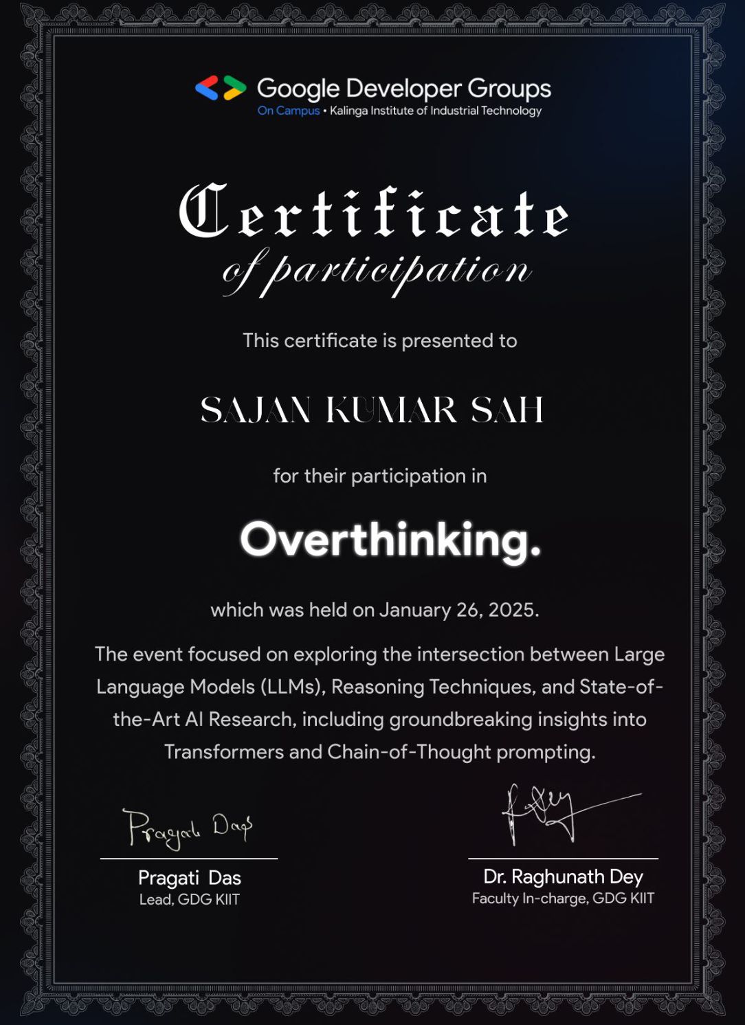 Google AI & LLMs Workshop Certificate - Sajan Kumar Sah KIIT