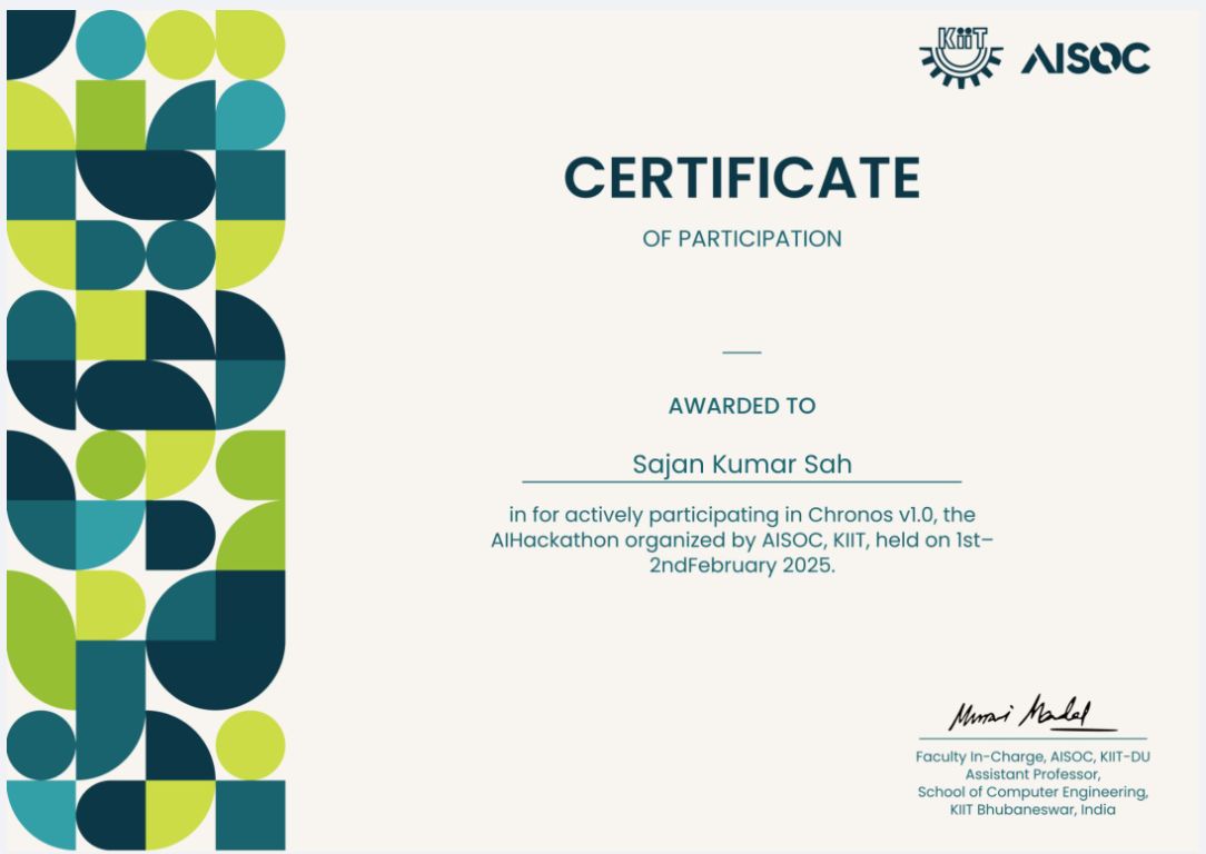 Chronos v1.0 AI Hackathon Certificate - Sajan Sah AISOC KIIT