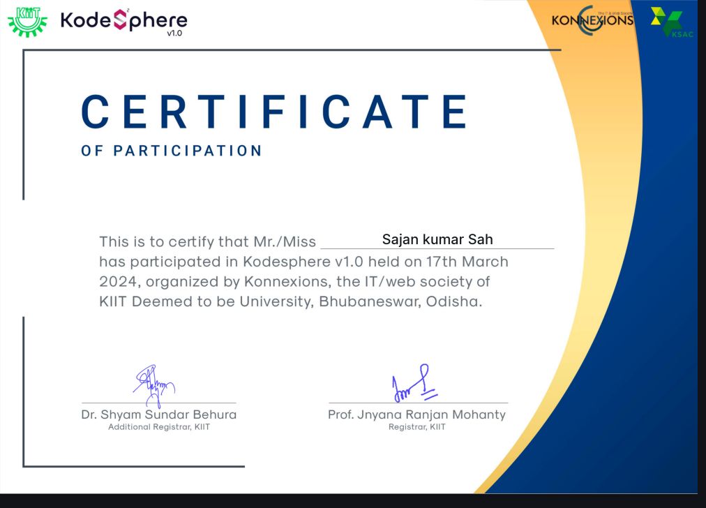 Kodesphere v1.0 KIIT University Participation Certificate - Sajan Sah
