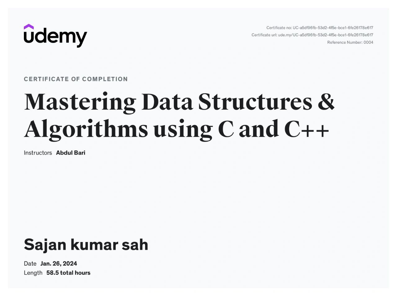 Mastering Data Structures & Algorithms Udemy Certificate - Sajan Kumar Sah